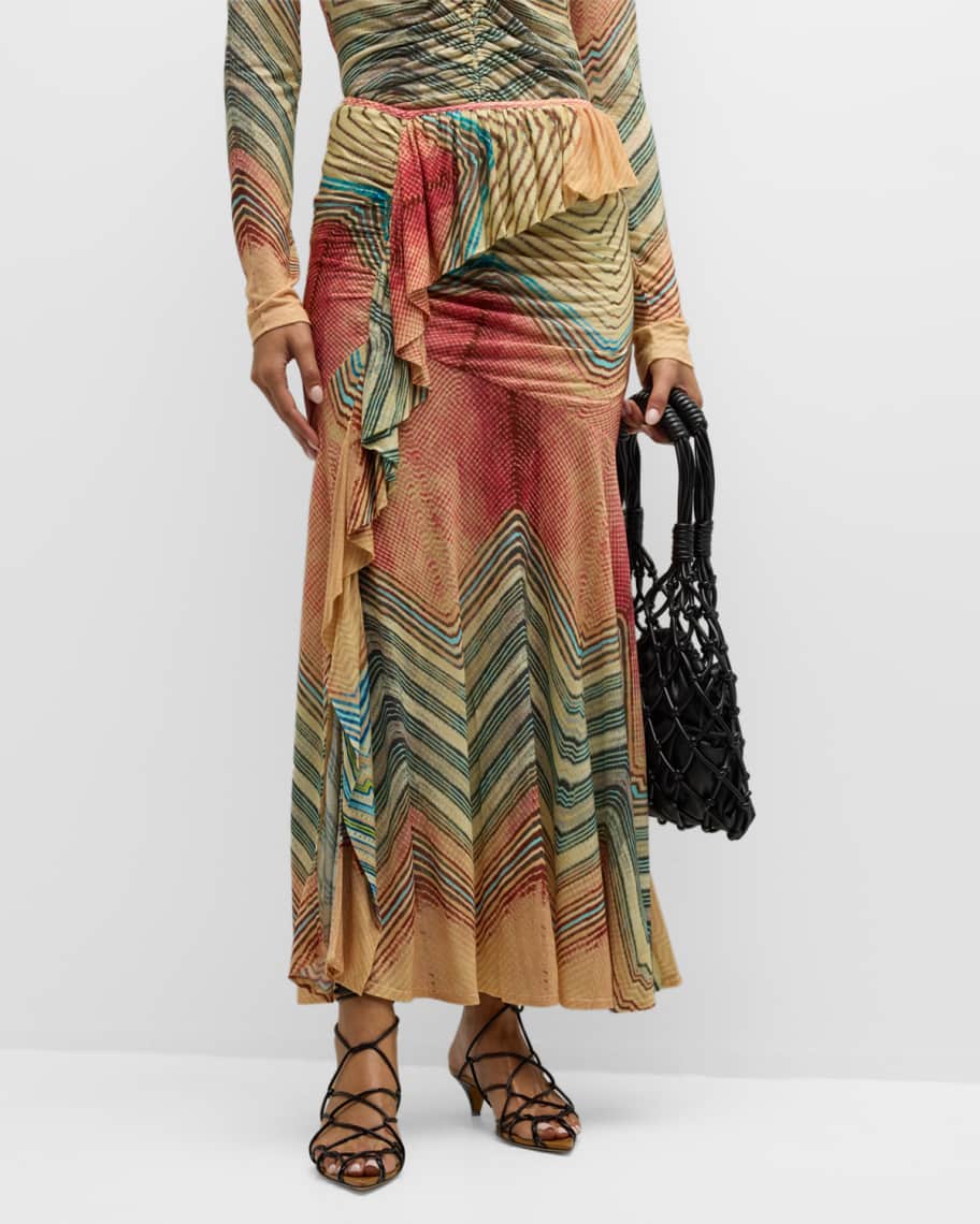 Image 3 of 6: Alyssa Ruffled Chevron Stripe Midi Skirt