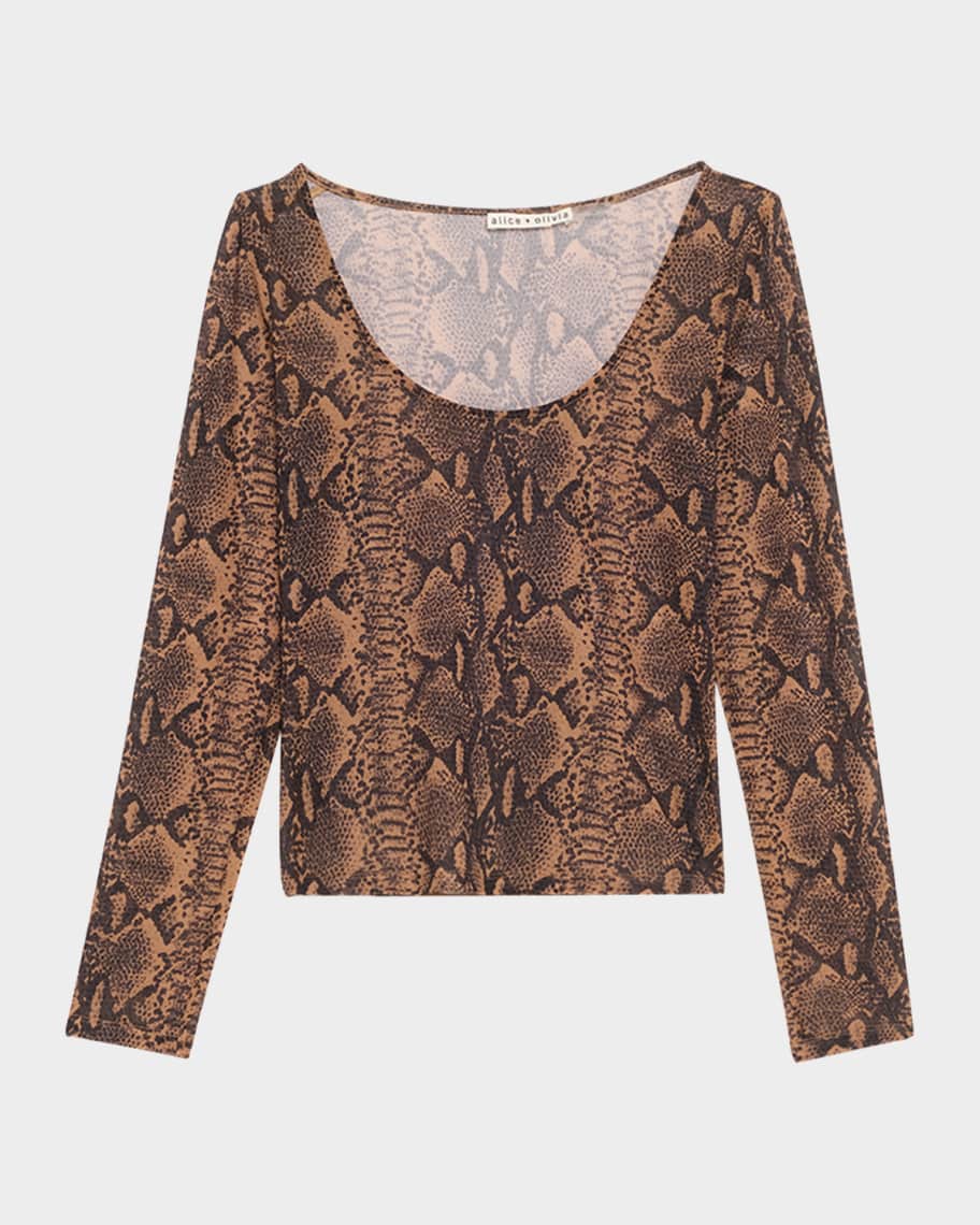 Alice + Olivia Delaina Snake Mesh Long-Sleeve Crop Top