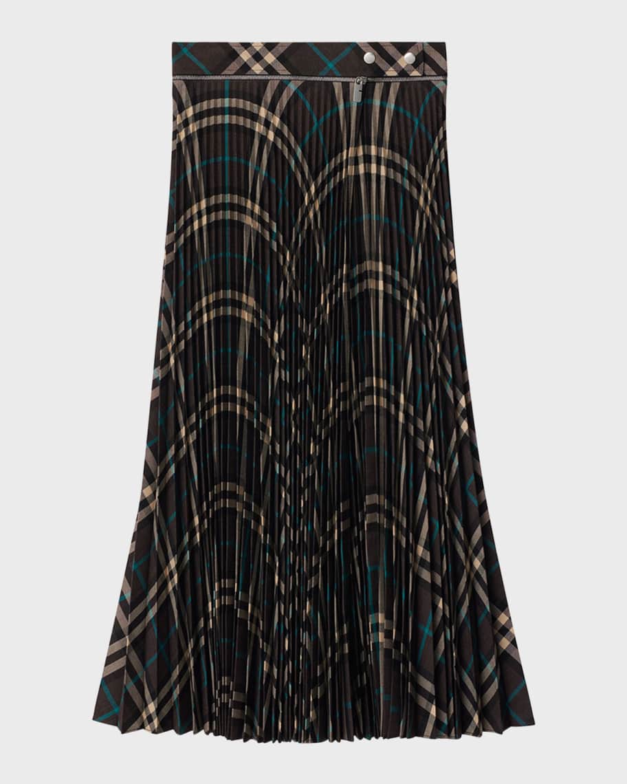 Burberry Pleated Check Midi Skirt with Slit | Neiman Marcus
