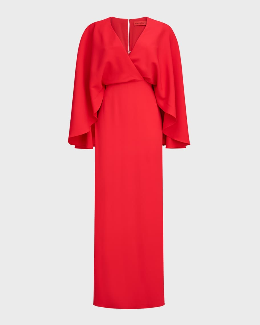 Halston Olaya Side-Slit Crepe Cape Gown Neiman Marcus