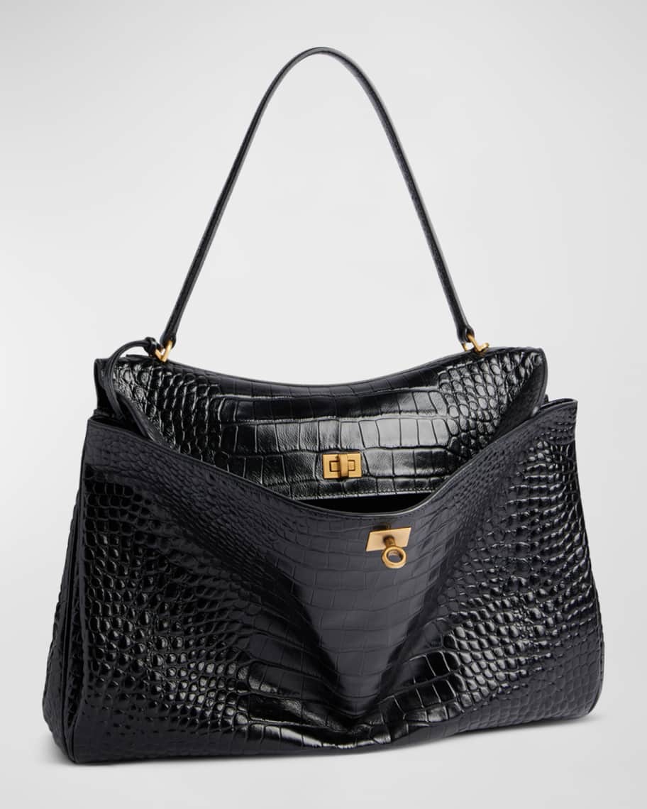 Image 3 of 4: Rodeo Large Croc-Embossed Leather Shoulder Bag