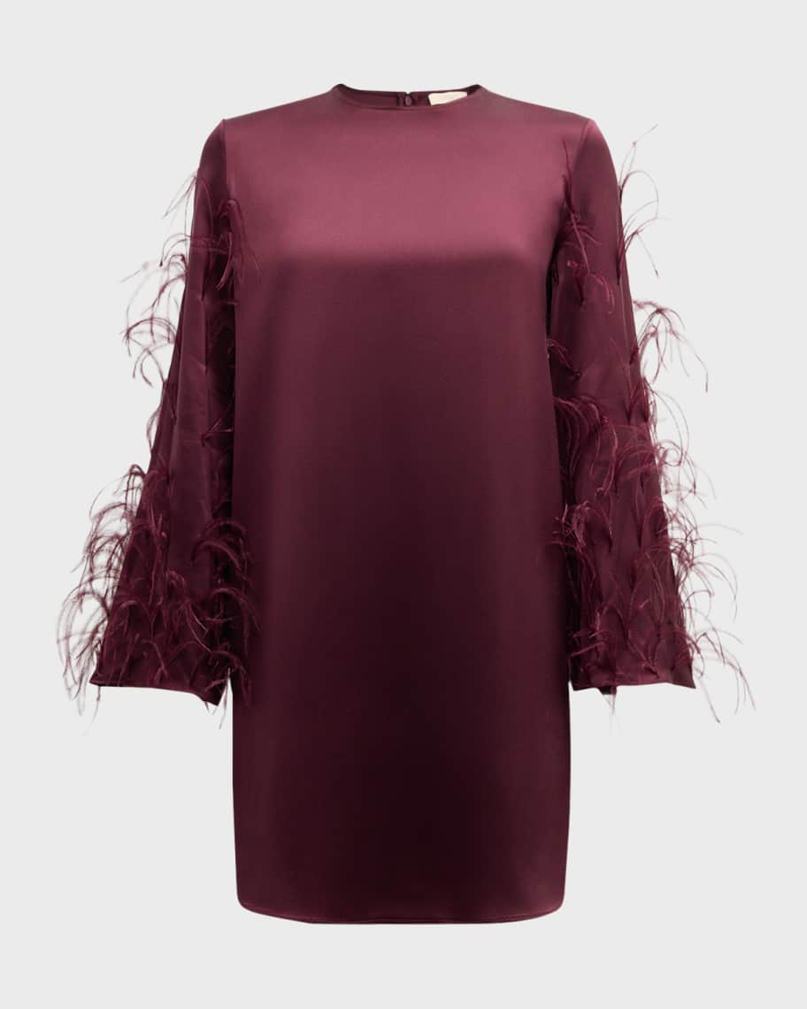LAPOINTE Feather Long-Sleeve Satin Mini Shift Dress | Neiman Marcus
