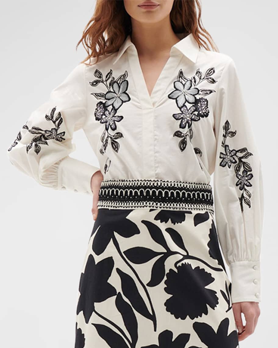 Figue Carrie Floral Embroidered Collared Top | Neiman Marcus