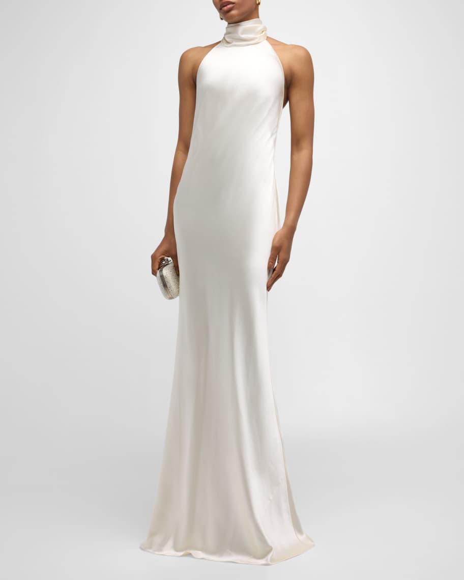 Image 2 of 6: Chilton Stretch Satin Sleeveless Halter Gown