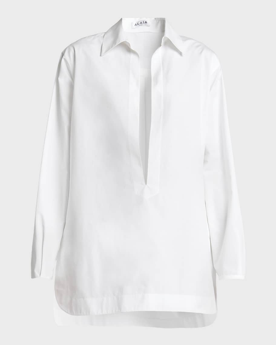 ALAIA Poplin Tunic Plunge Mini Dress | Neiman Marcus