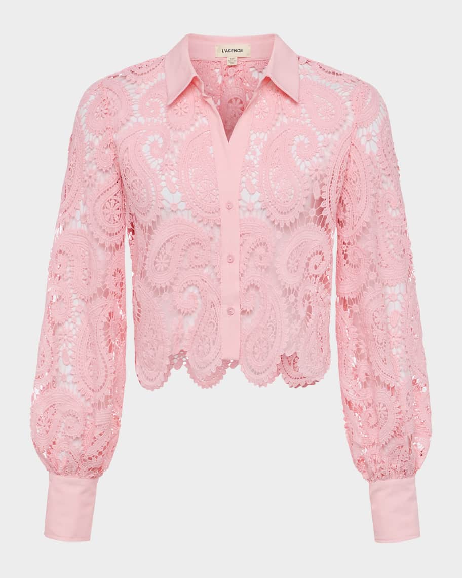 Odelia Paisley Lace Cropped Button-Front Blouse 