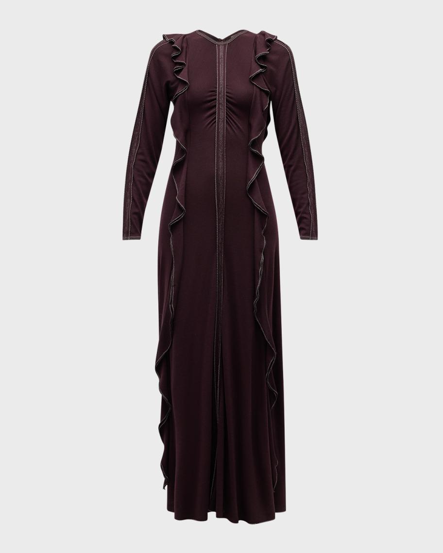 Ulla Johnson Analia Topstitched Wool Ruffle Midi Dress | Neiman Marcus