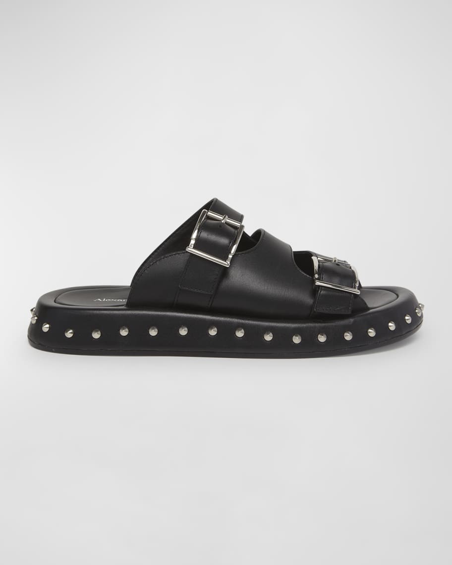 McQueen Leather Stud Buckle Slide Sandals | Neiman Marcus