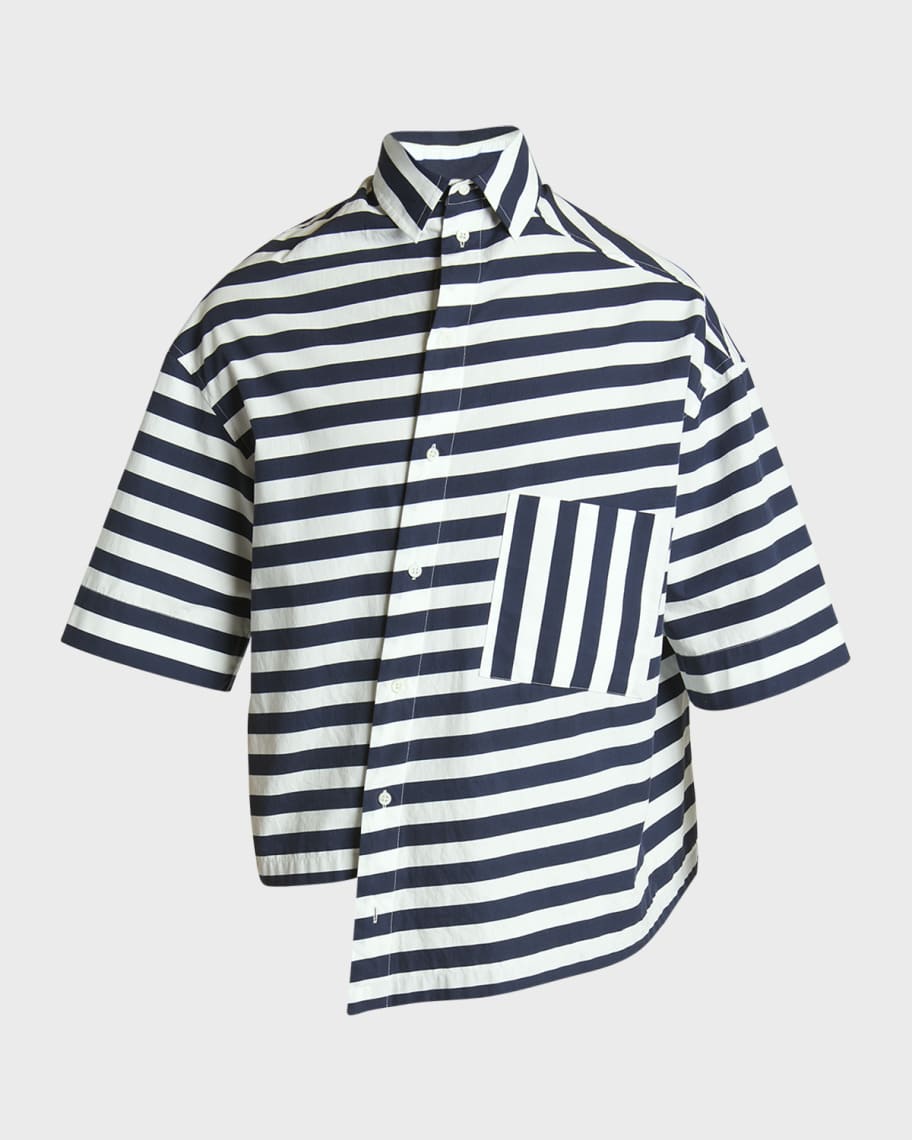 Jacquemus Men's Pablo Asymmetric Striped Sport Shirt | Neiman Marcus