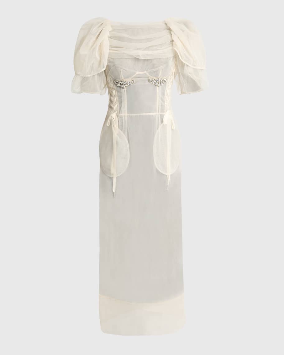 Crystal Petal-Sleeve Laced Corset Midi Dress