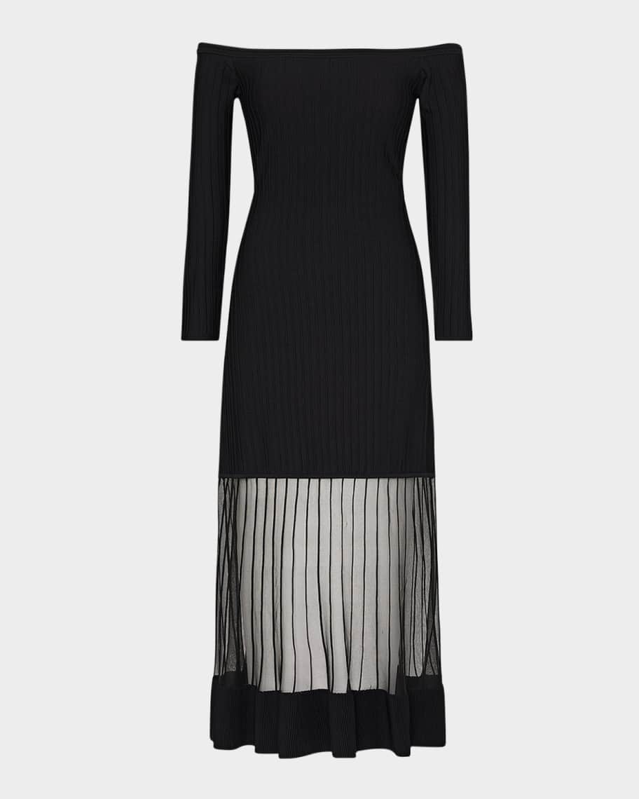 Milly Off-Shoulder Sheer Inset Knit Midi Dress | Neiman Marcus