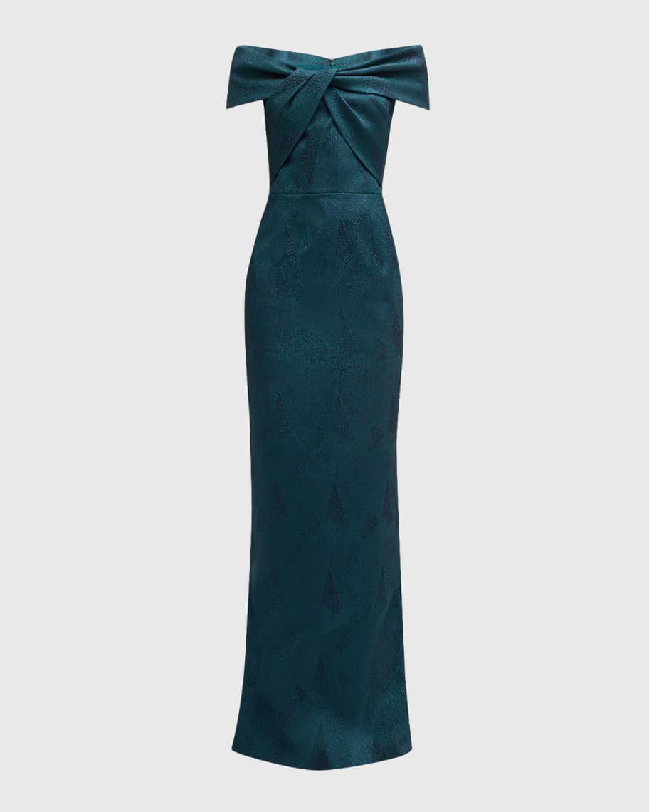 Rickie Freeman for Teri Jon Off Shoulder Stretch Jacquard Column Gown Neiman Marcus