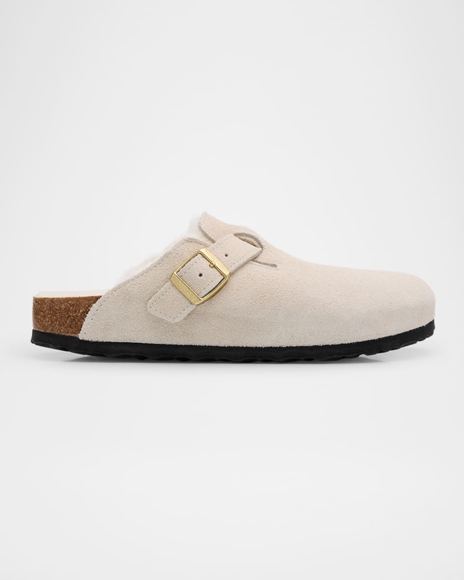 BIRKENSTOCK Boston Suede Shearling Buckle Slide Clogs | Neiman Marcus