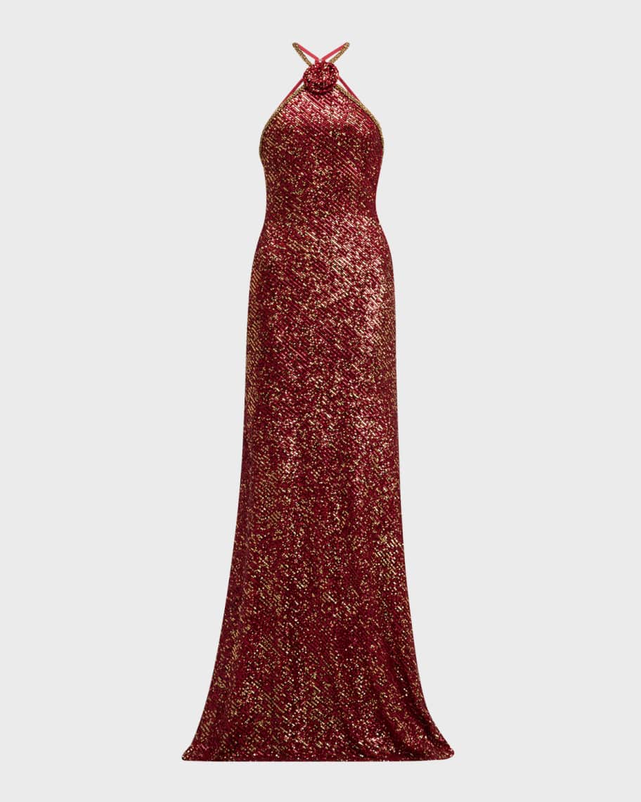 Rosette Sequin Backless Halter Gown