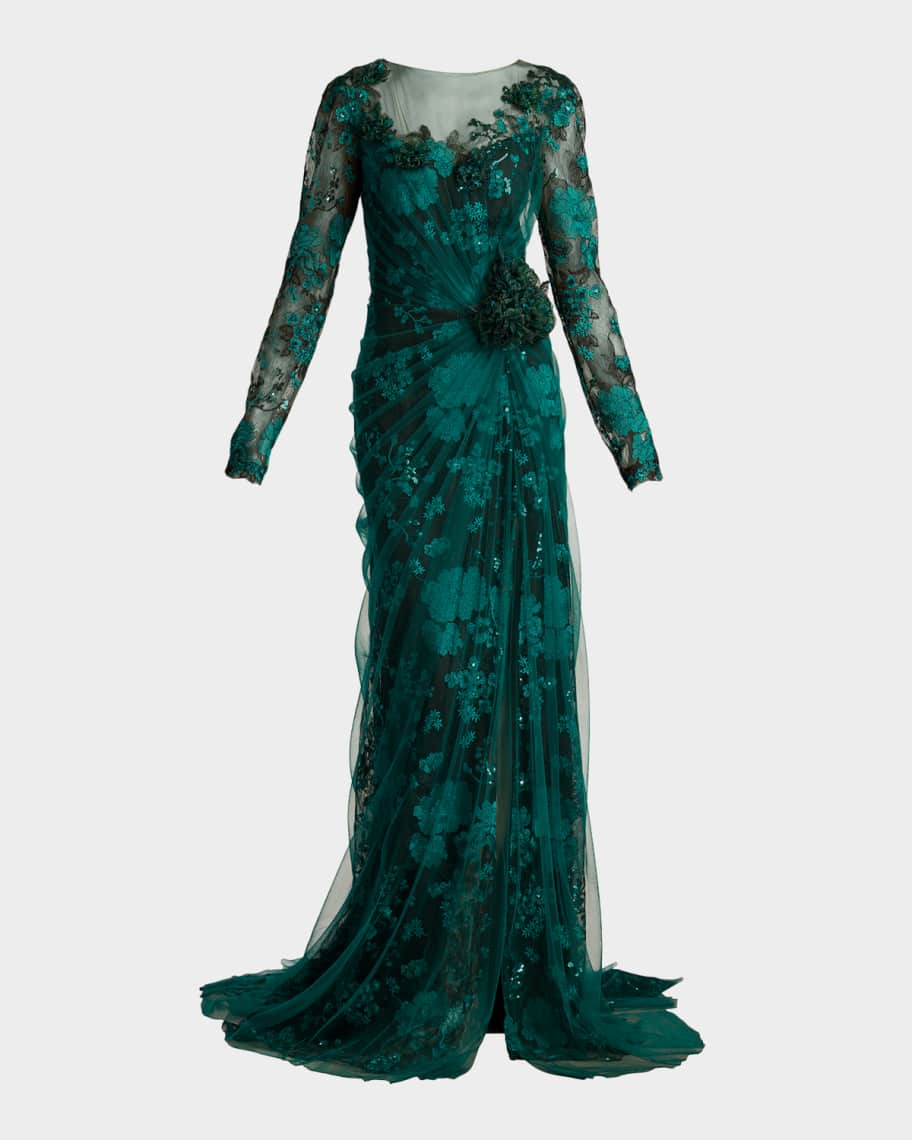 Tadashi Shoji Floral-Embroidered Lace and Tulle Column Gown | Neiman Marcus