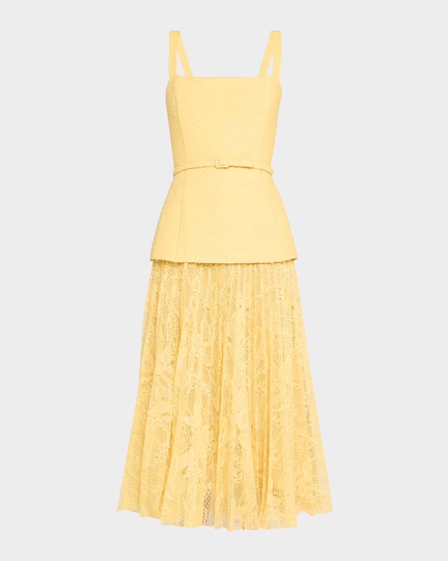 Oscar de la Renta Square-Neck Tweed and Pleated Lace Midi Dress