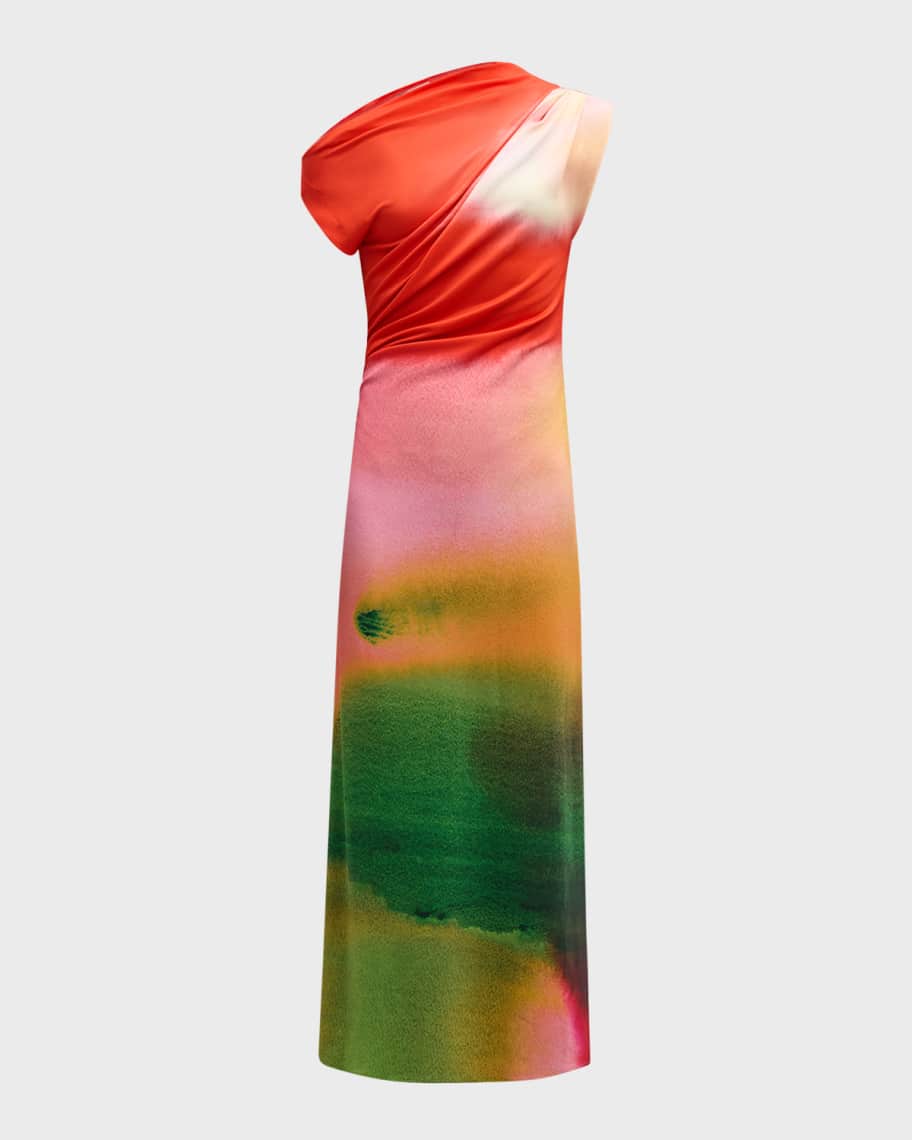 Oscar de la Renta Draped Abstract Watercolor Jersey Dress