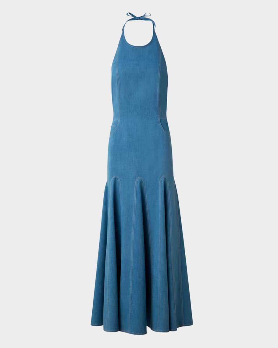 Mixed-Media Halter Pleated Midi Dress