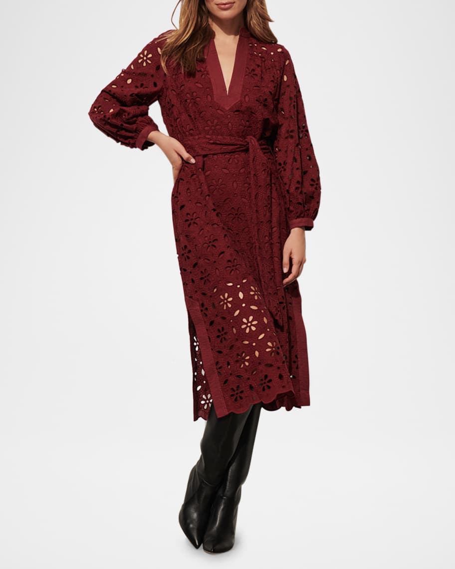 Figue Clove Eyelet-Embroidered Long-Sleeve Belted Midi Dress
