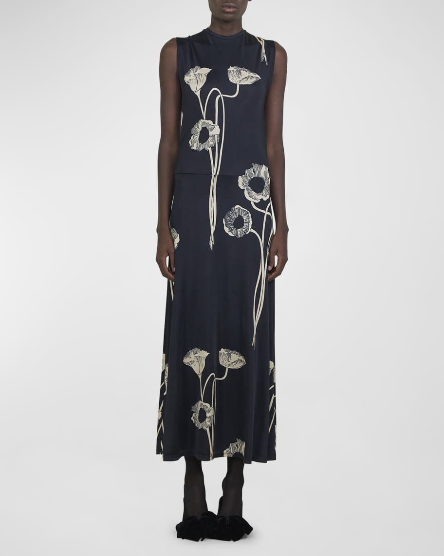 Oriental Chronicles Poppy-Print Sleeveless Ankle Dress