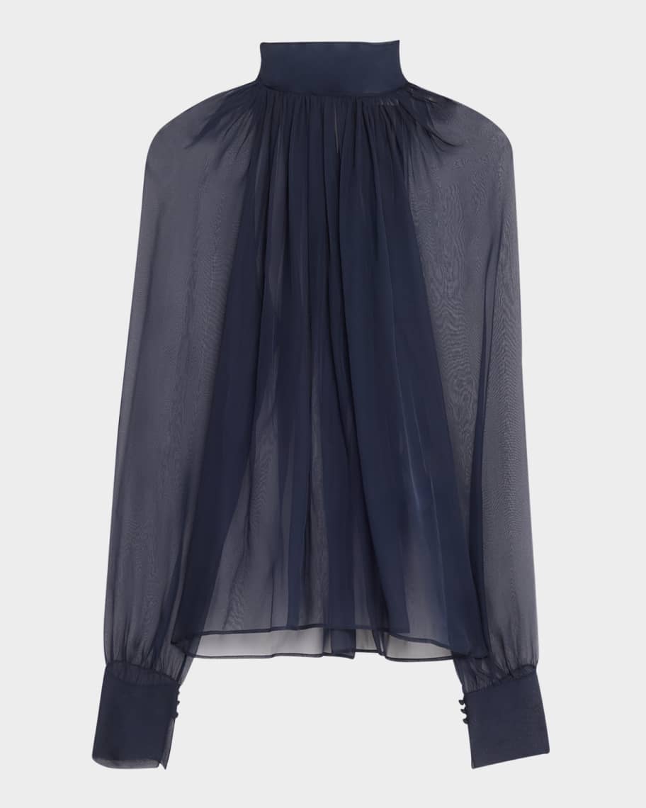 Saint Laurent Sheer Ruched Hig-Neck Blouse | Neiman Marcus