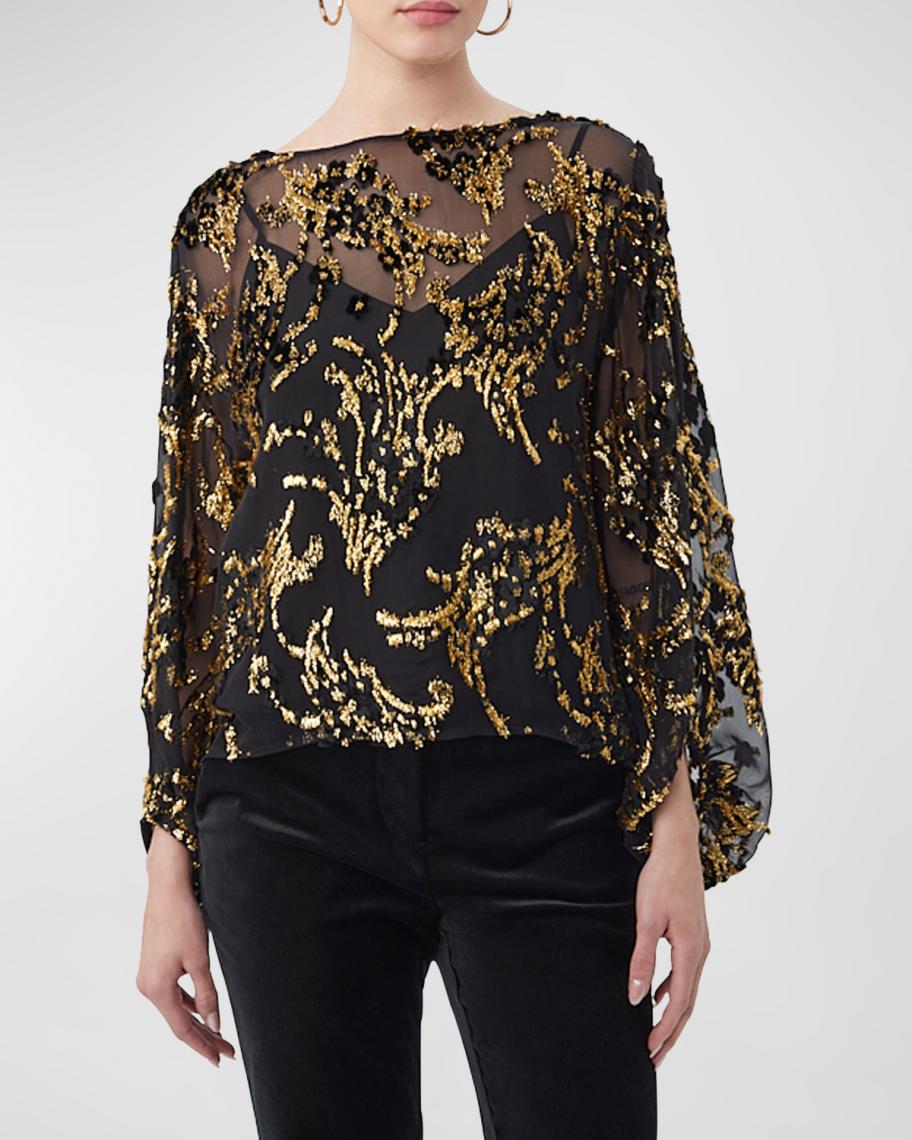 Trina Turk Ursa High-Neck Metallic Swirl Top | Neiman Marcus