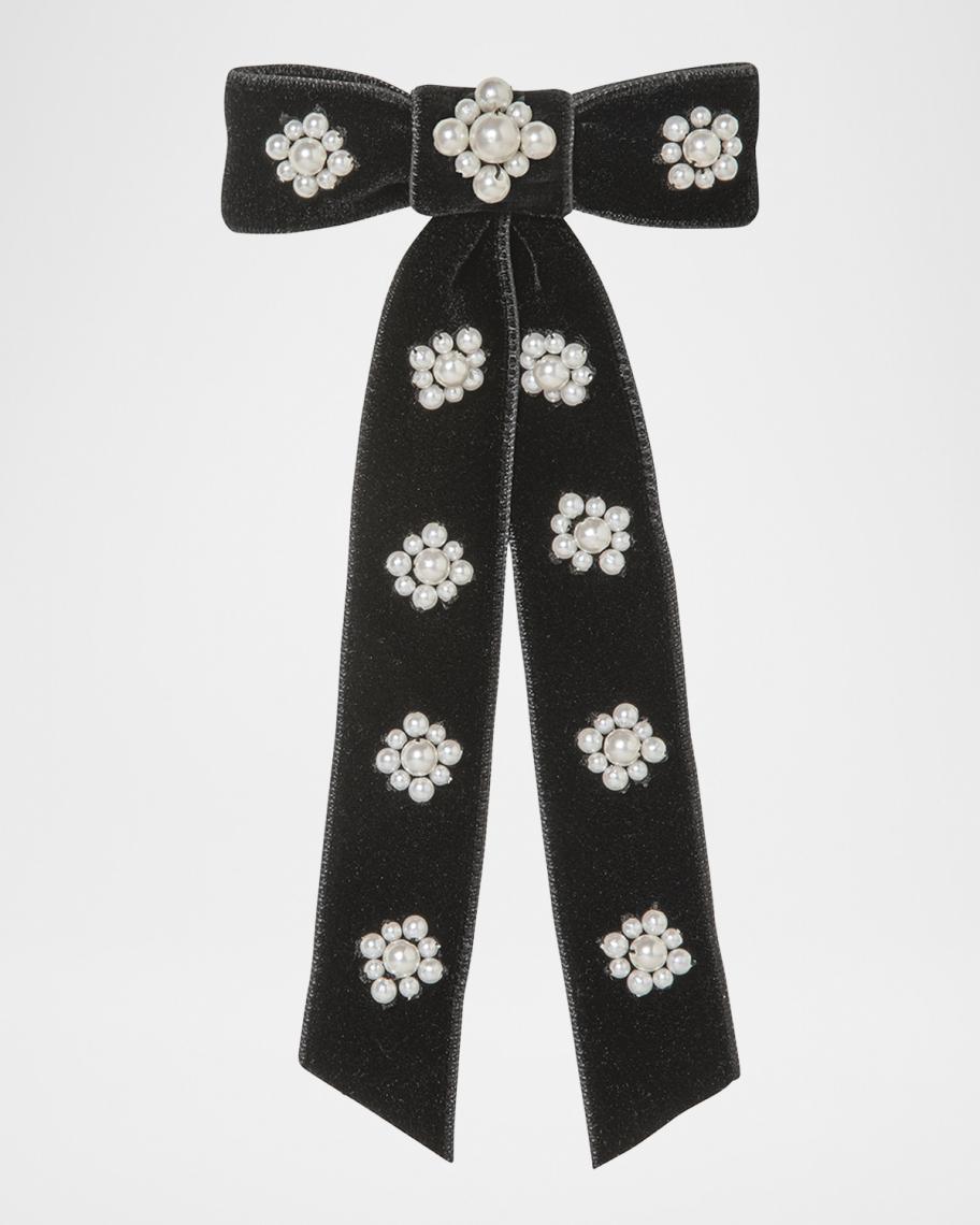 Jennifer Behr Black Velvet Bow with Pearls JENNIFER BEHR Margaret faux pearl-embellished velvet bow  main image 3