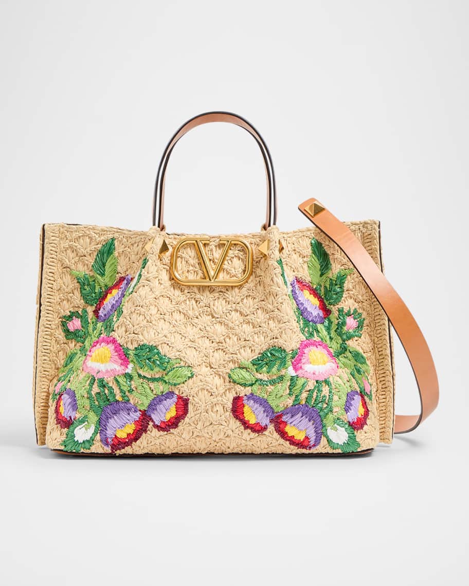 Valentino Garavani Floral Embroidered Raffia Medium Shopping Tote