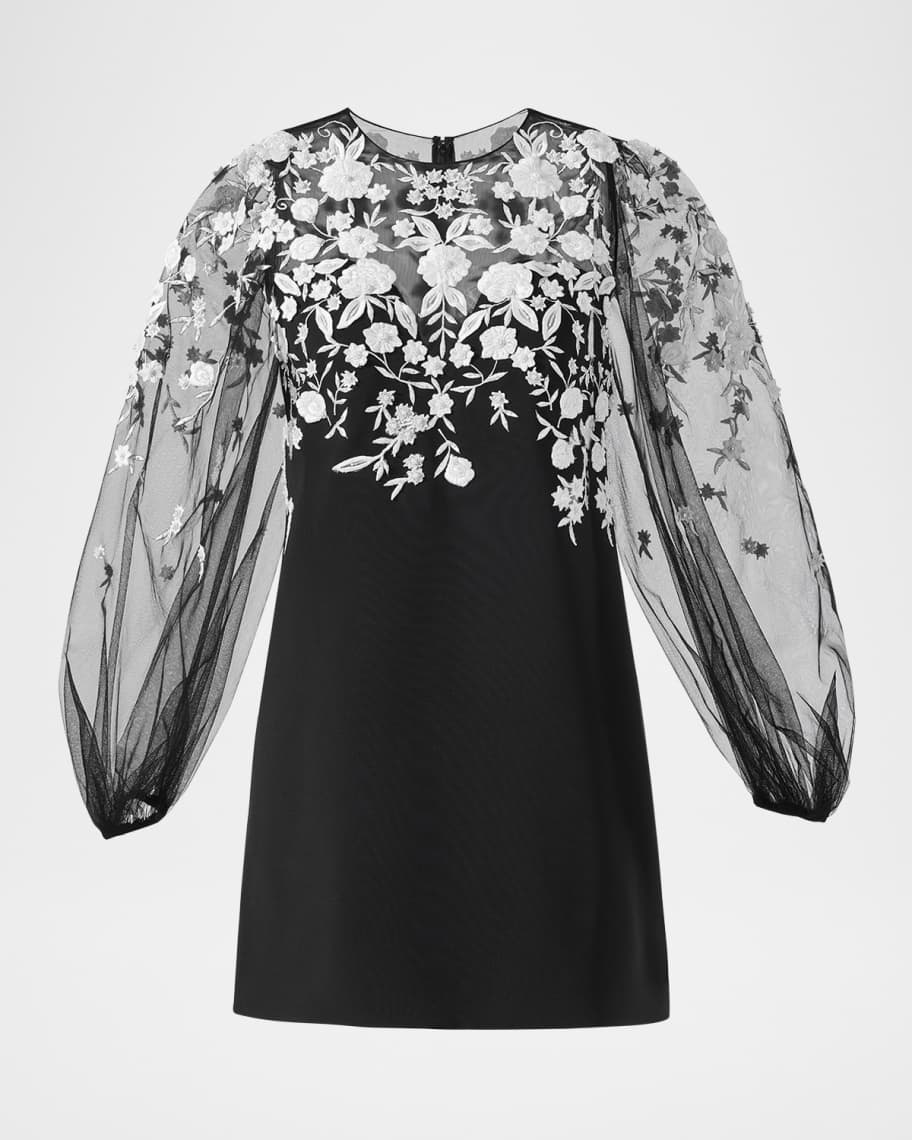 Carolina Herrera Floral Embroidered Puff-Sleeve Mini Illusion Dress |  Neiman Marcus