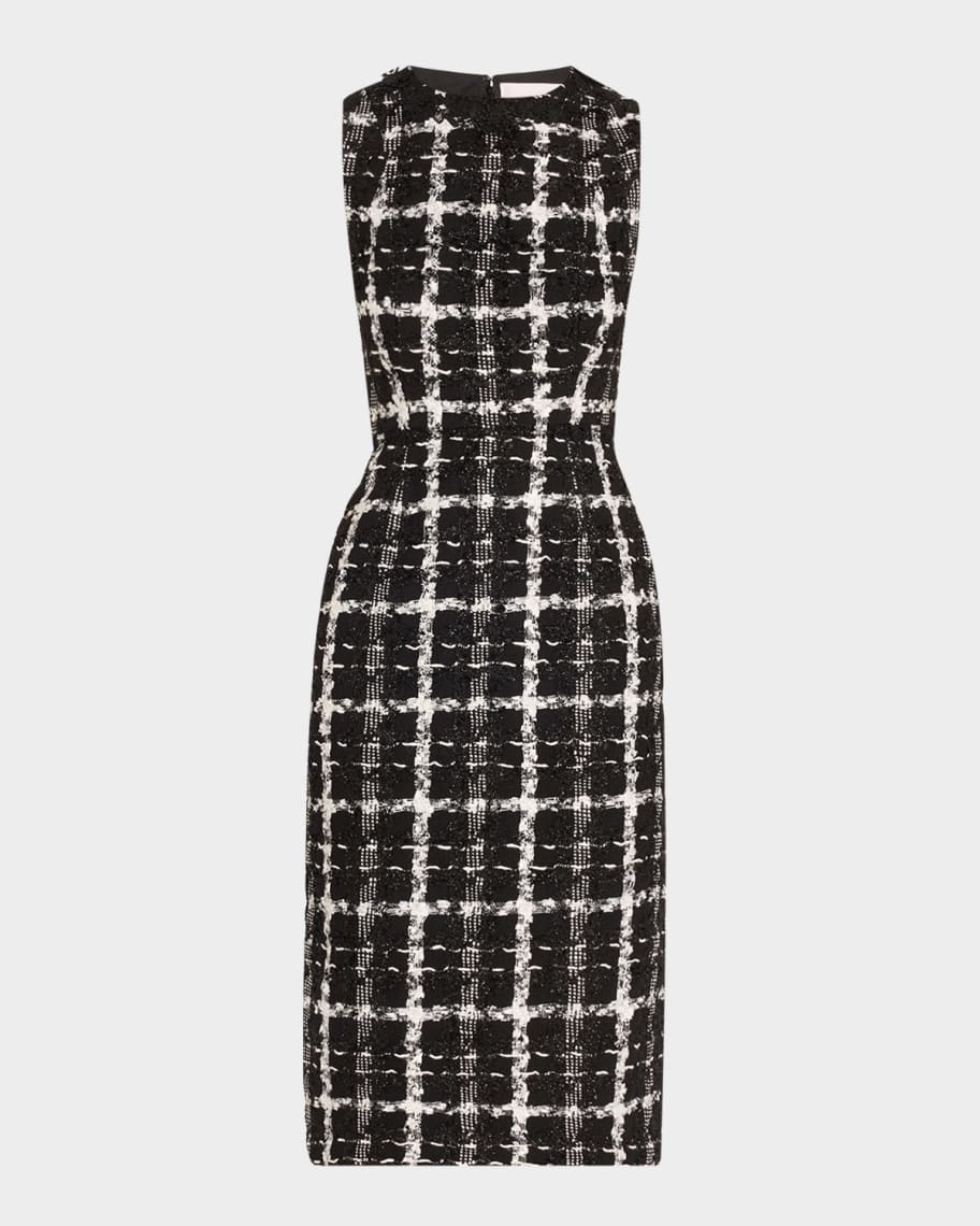 Carolina Herrera Metallic Check Tweed Sleeveless Midi Dress