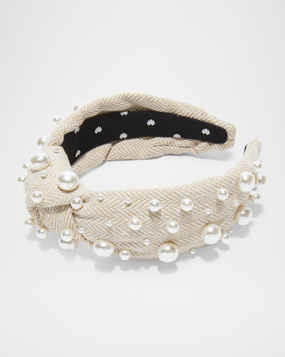 Lele Sadoughi Black Knotted Pearl Headband Gold Logo NEW Lele Sadoughi Velvet Pearl Knotted Headband - Jet - Murray main image 4