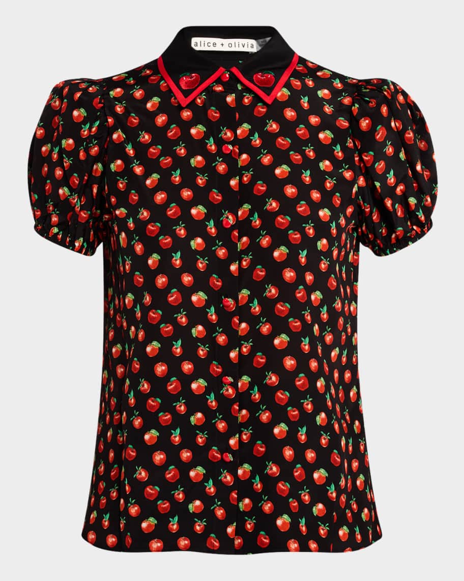 Alice + Olivia Pink Lady Apple Willa Embroidered Puff-Sleeve