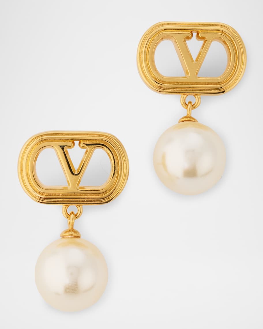 Valentino Garavani V Logo Stud Earrings with Pearly Drops