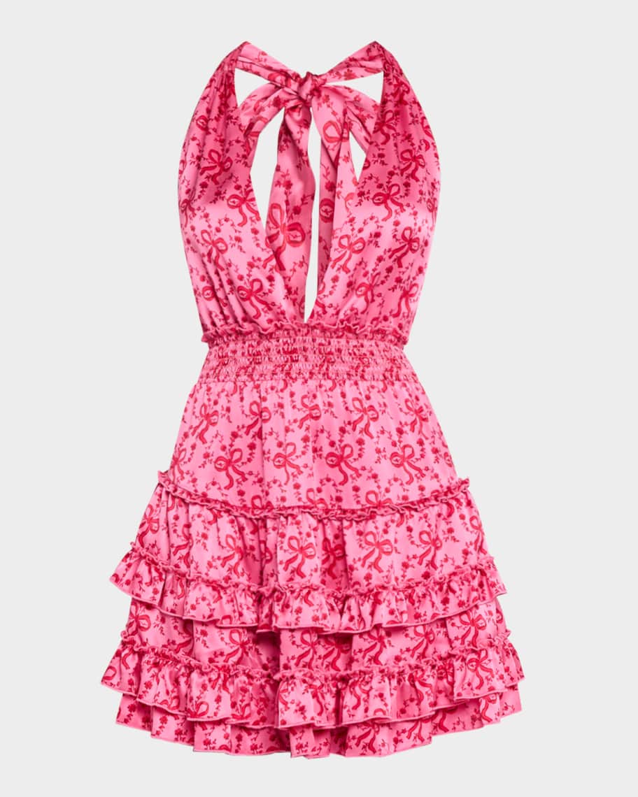 LoveShackFancy Quintelle Silk Bow-Printed Halter Mini Dress - Main Image
