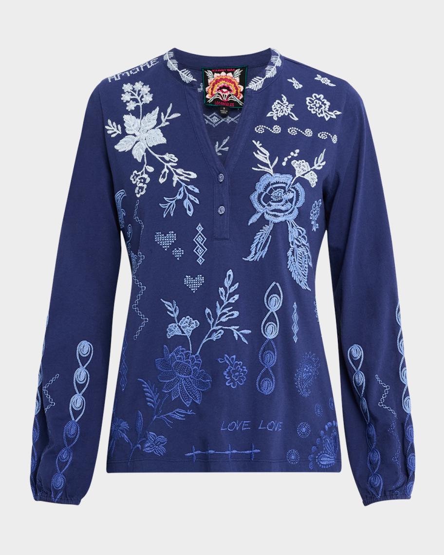 Johnny Was Laura Floral-Embroidered Cotton Henley Tee | Neiman Marcus