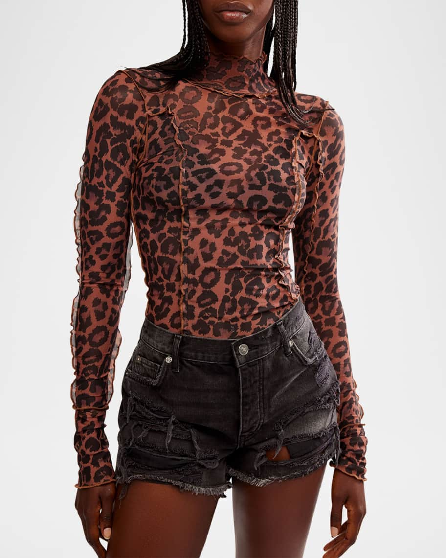 Long Sleeve Leopard Printed Mesh Peace Sign Print Top W/ Studding main image 1