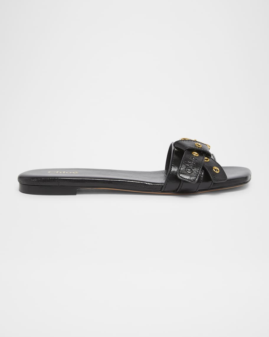 Chloe Mae Leather Buckle Flat Slide Sandals | Neiman Marcus