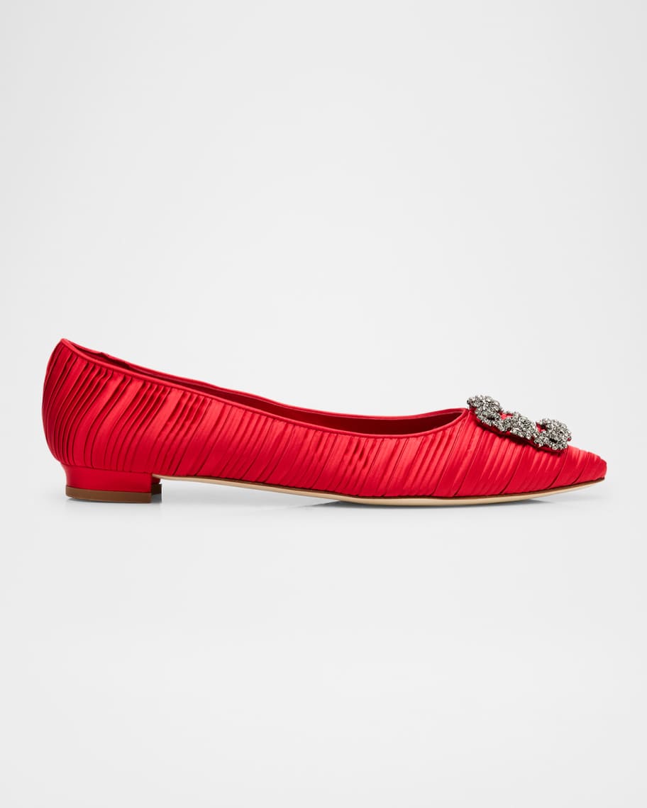 Manolo Blahnik Hangisi Pleated Satin Buckle Ballerina Flats