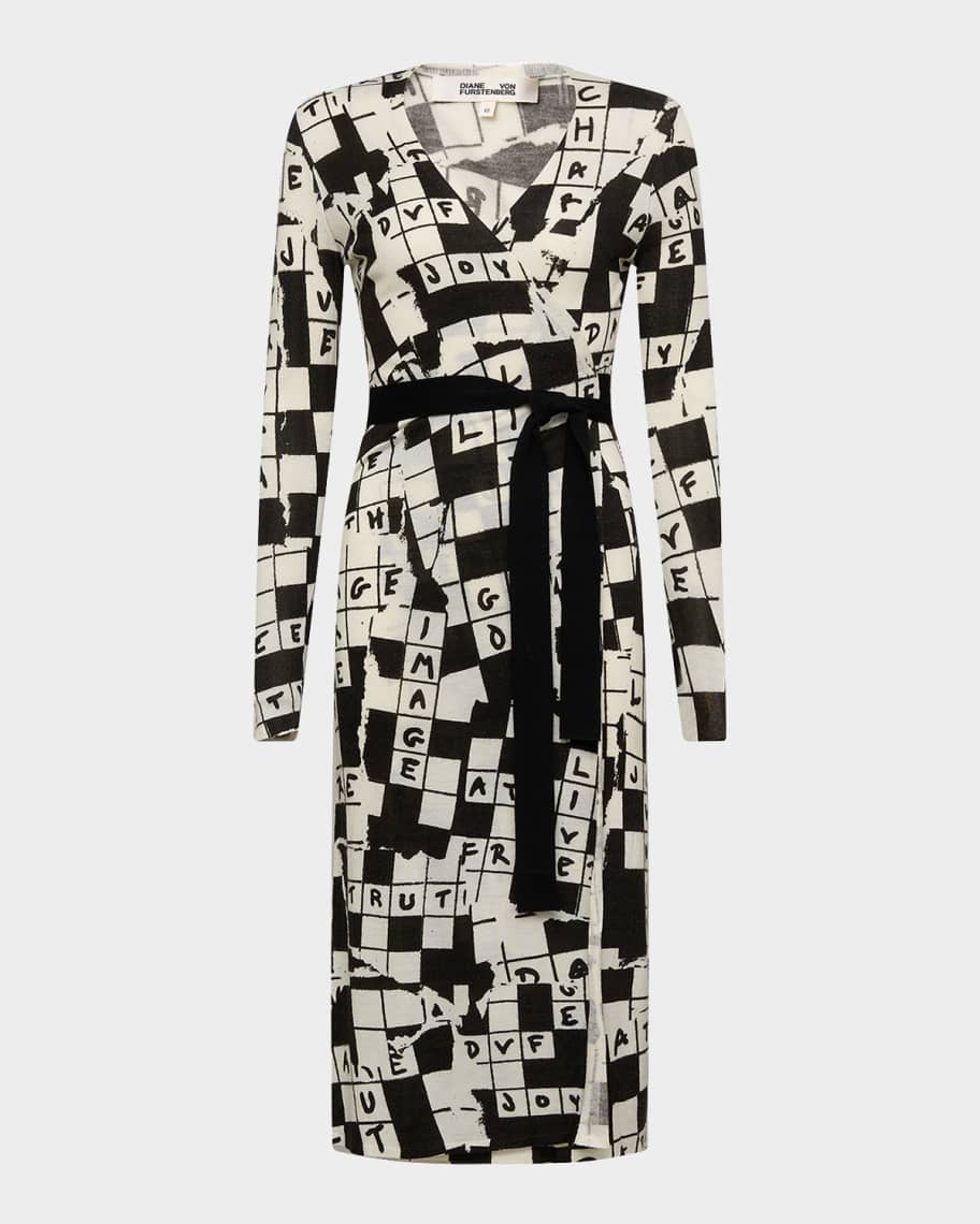 Diane von Furstenberg Luella Crossword Print Midi Wrap Dress Neiman