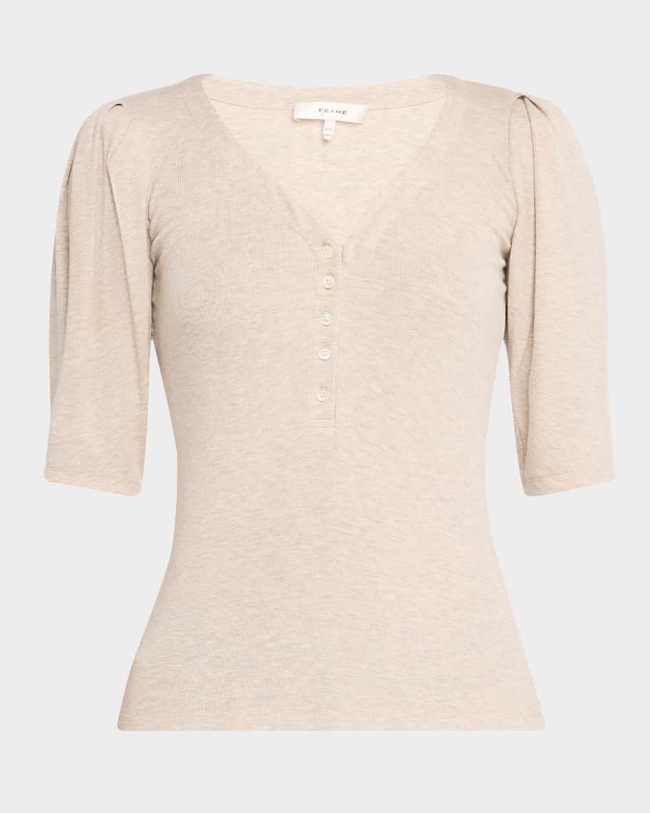 FRAME Rib Ruched Short-Sleeve Henley Top | Neiman Marcus