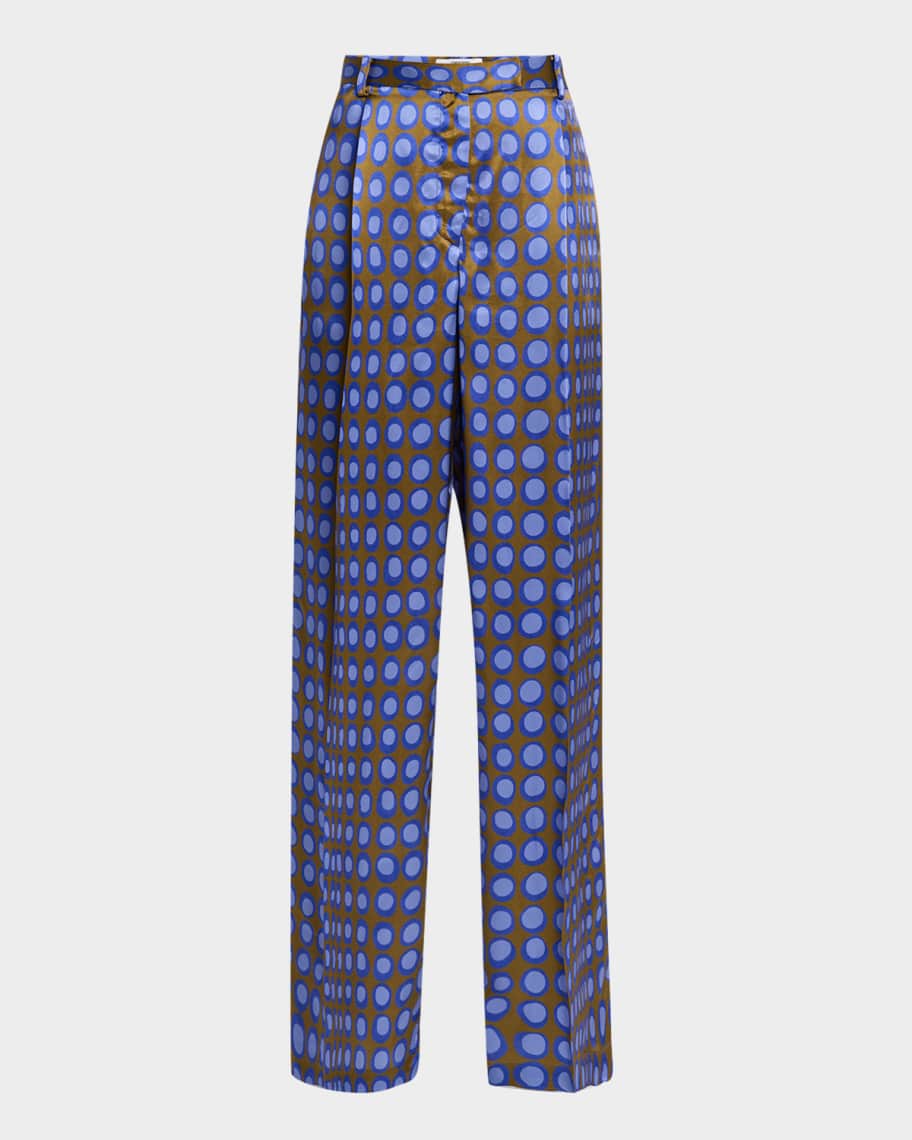 Wiggle Dot Pleated Wide-Leg Satin Trousers
