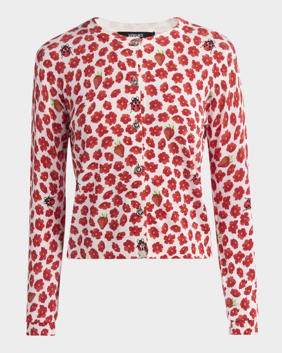 Versace Strawberry Garden Print Silk Knit Cardigan | Neiman