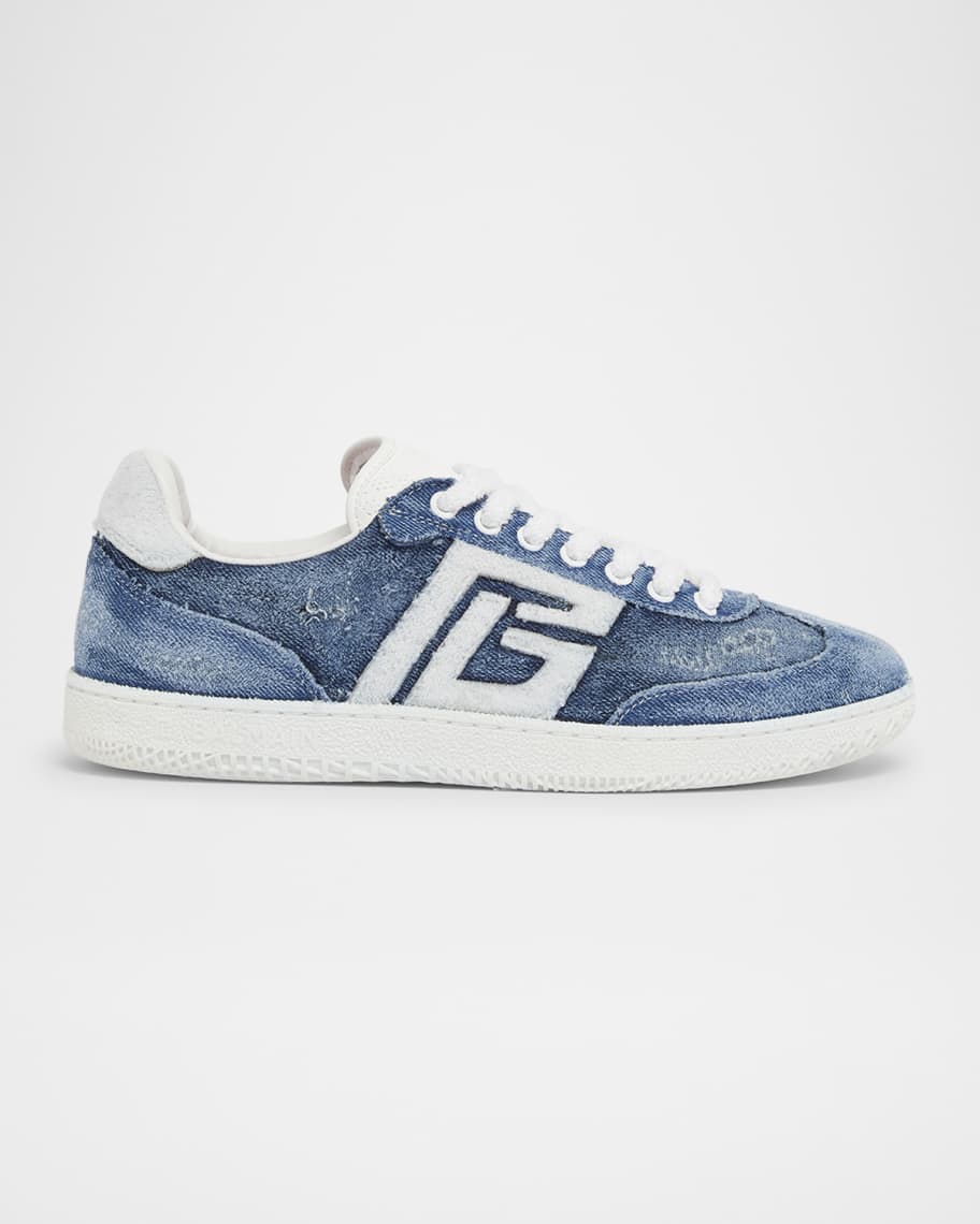 Balmain Swan Destroyed Denim Low-Top Sneakers | Neiman Marcus