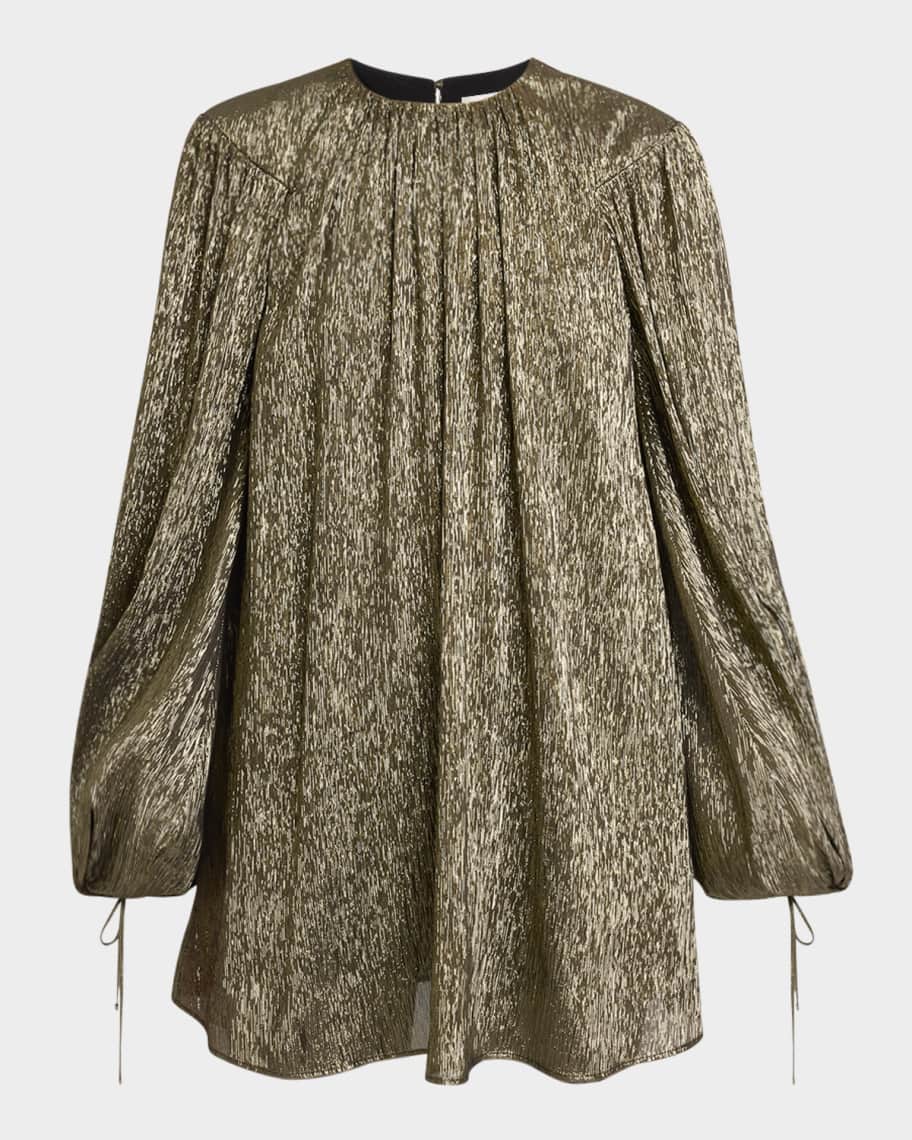 metallic pleated balloon sleeve mini dress TROUBLE MAKER PLEATED TIE WAIST MINI DRESS