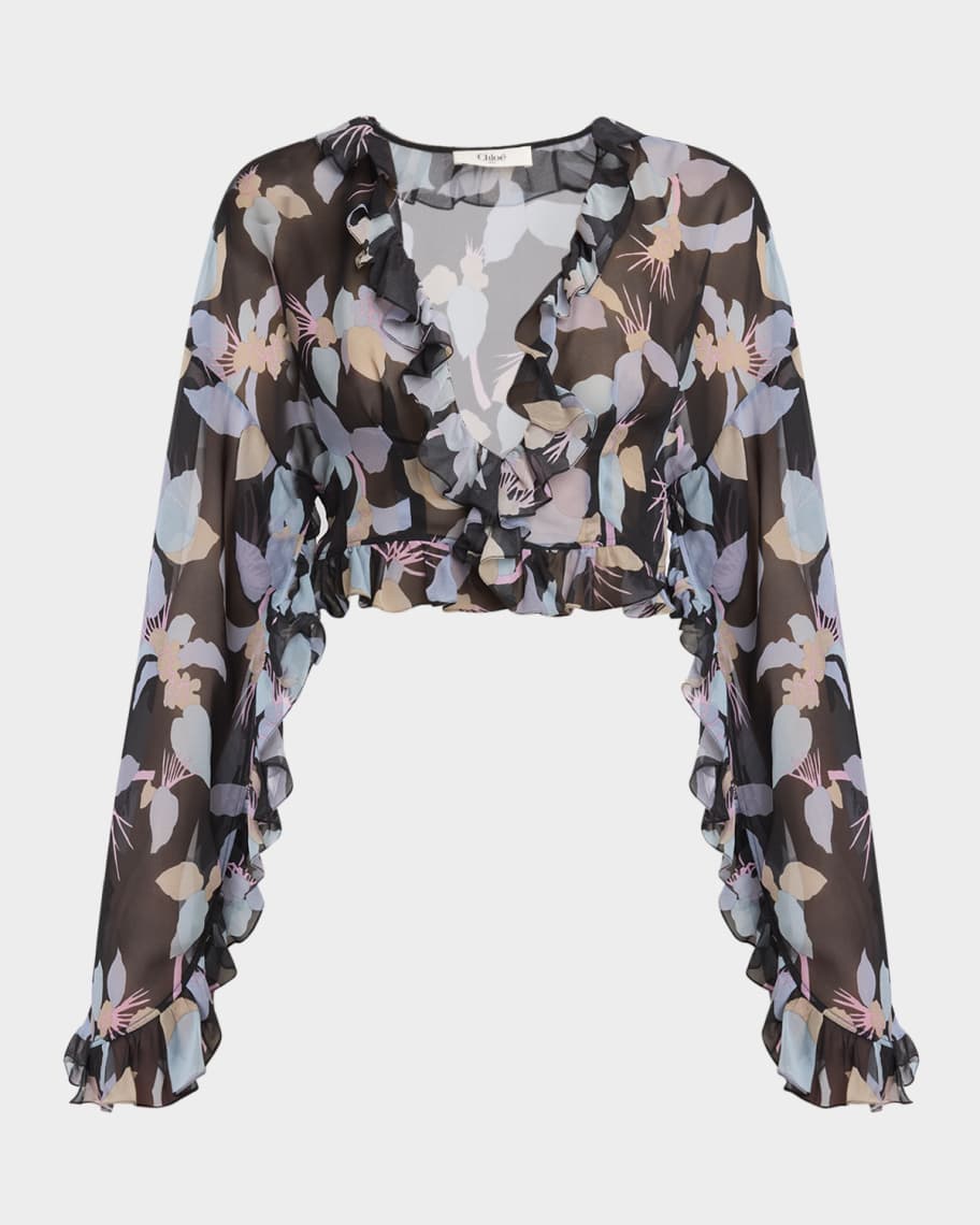 Chloe Floral Silk Ruffle Long-Sleeve Crop Top | Neiman Marcus