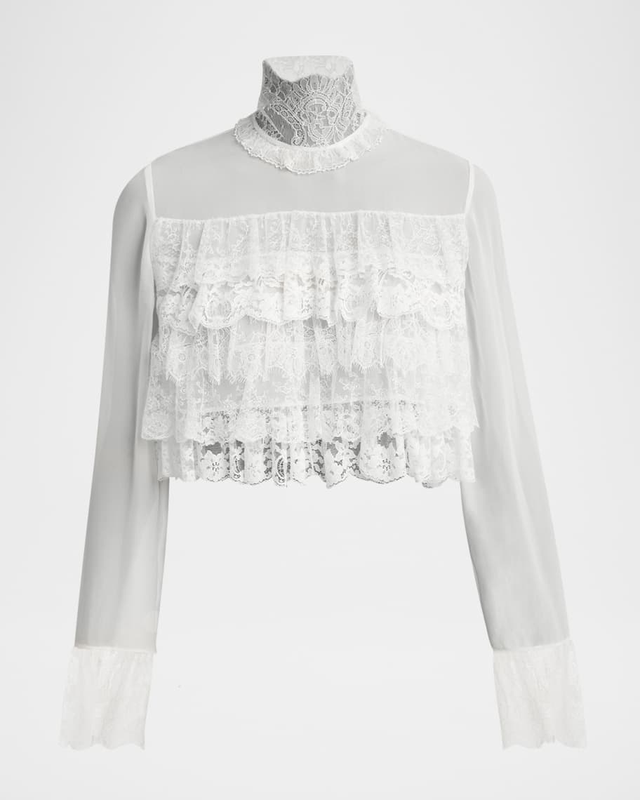 Chloe Lace Ruffle Long-Sleeve Silk Crop Top | Neiman Marcus