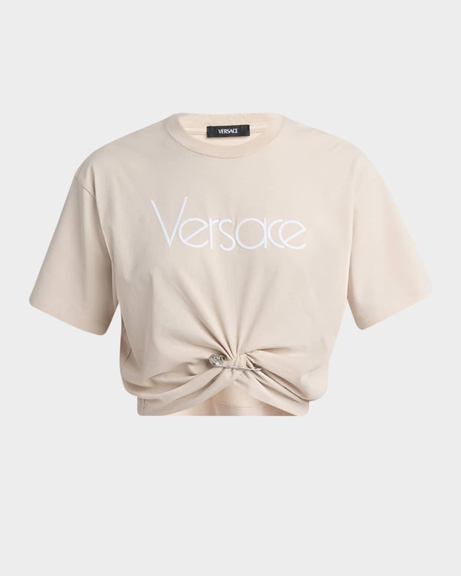 Versace Logo Twist Safety-Pin Crop T-Shirt | Neiman Marcus