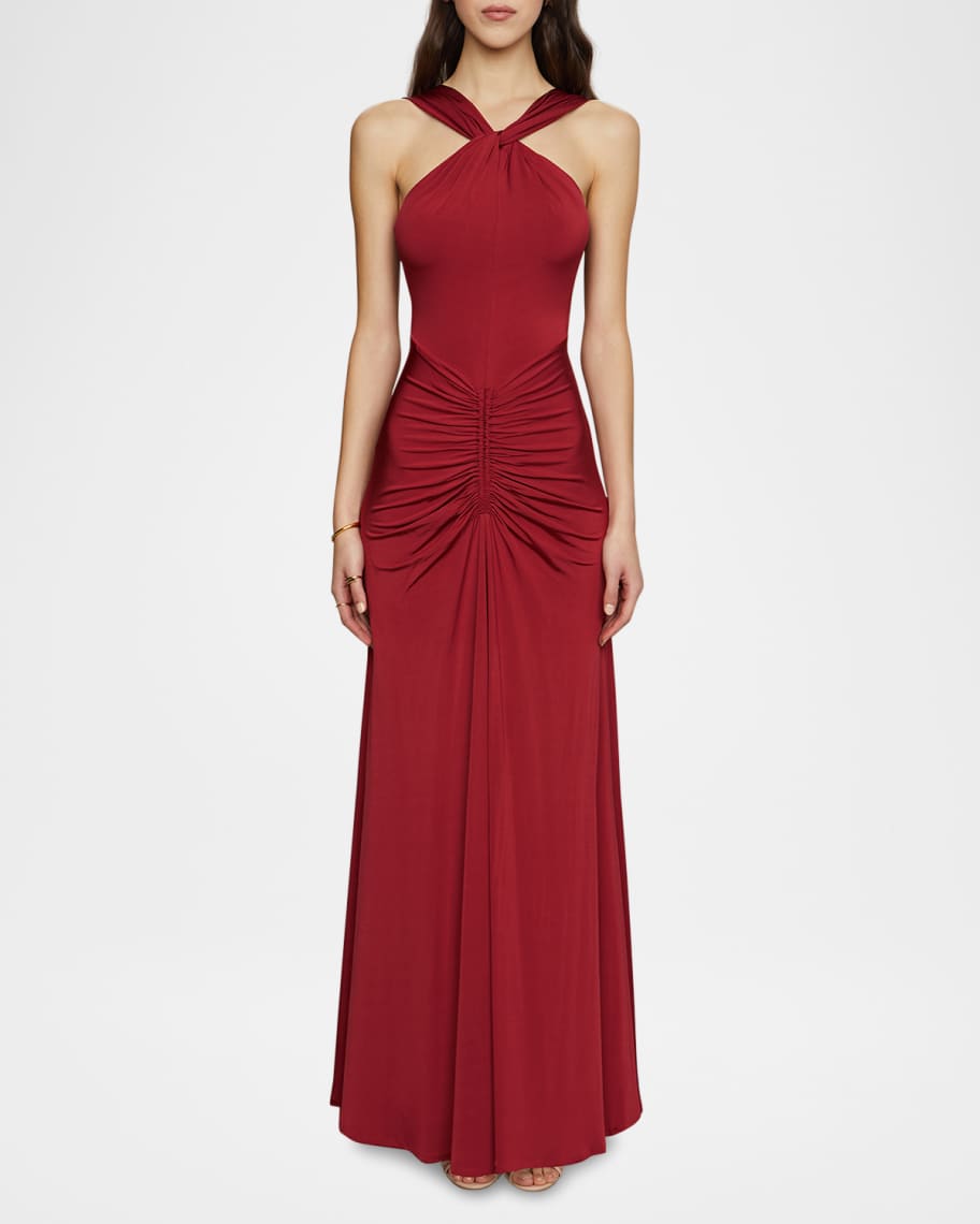 Metallic embroidered jersey chiffon halter dress sales