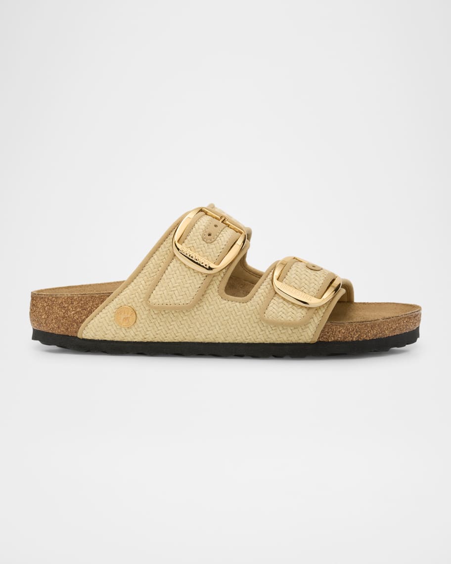 BIRKENSTOCK Arizona Raffia Dual-Buckle Slide Sandals Neiman Marcus