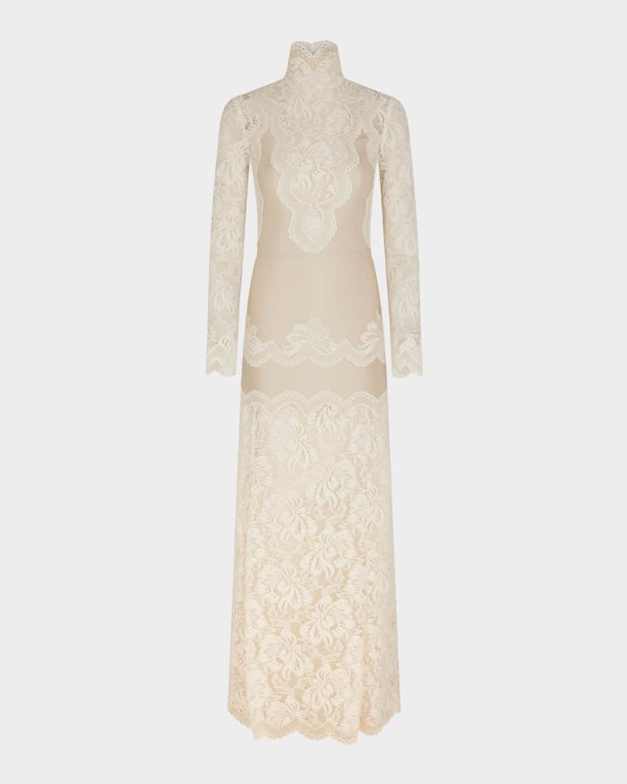 Rabanne Lace Turtleneck Long-Sleeve Illusion Maxi Dress | Neiman Marcus